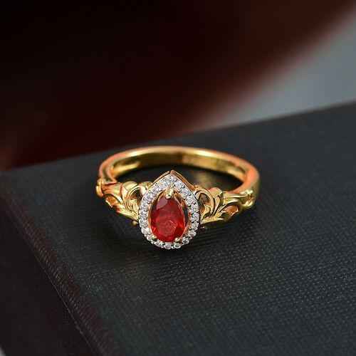 D’joy AAAA Mexikanischer Purpurroter Feuer Opal, Weißer Zirkon Ring 925 Silber 750 Gelb Vergoldet (Größe 17.00) ca. 0,44 ct image number 1