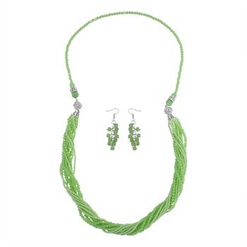 2er Set - Hellgr&uuml;n Kristall, Wei&szlig;er Kristall Halskette und Ohrringe