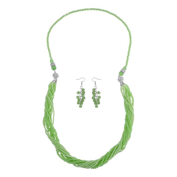 2er Set mehrschichtiger Halsketten und Ohrringe, Grüne Kristallperlen und weiße Kristalle image number 0
