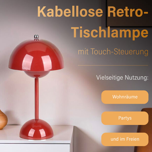 Kabellose Tischlampe im minimalistischen Retro-Pilzdesign &ndash; Touch-Steuerung, weinrot image number 1