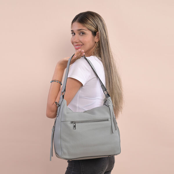 Handtasche aus 100% echtem Leder mit abnehmbarem Riemen, Grau&nbsp; image number 2