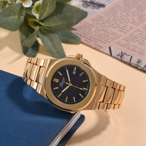 Genoa Time V2 -  Japanisches PC32 Uhrwerk, Datumsanzeige, PNP-Gold-Geh&auml;use, schwarzes Zifferblatt mit Hydraulik-Design, Edelstahlarmband image number 1