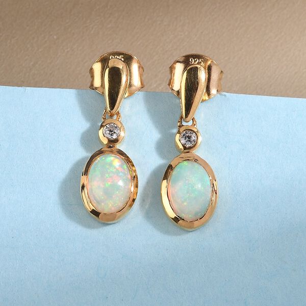 Nat&uuml;rliche, &auml;thiopische Opal und wei&szlig;e Zirkon-Ohrringe, 925 Silber vergoldet ca. 1,11 ct image number 2