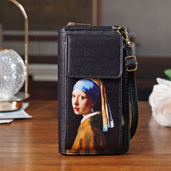 PU Handytasche mit RFID-Schutz, 20x11x2cm, M&auml;dchen mit Perlenohrring-Muster, Schwarz image number 2