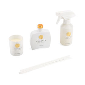 3er-Kerzenset mit Duftstäbchen und Raumspray, Weiß, 5% Parfümanteil, Raumspray 100ml, Duftkerze im weißen Glas mit 100g Paraffinwachs, Duftnote: Tropische Früchte