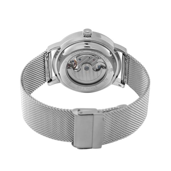 William Hunt Automatik-Uhr - IP-schwarzbeschichtetes Edelstahlgehäuse, weißes Multifunktionszifferblatt mit gewölbtem Glas, Edelstahl-Mesh-Armband, Glasboden, 5 ATM wasserdicht, Reiner Edelstahl image number 6