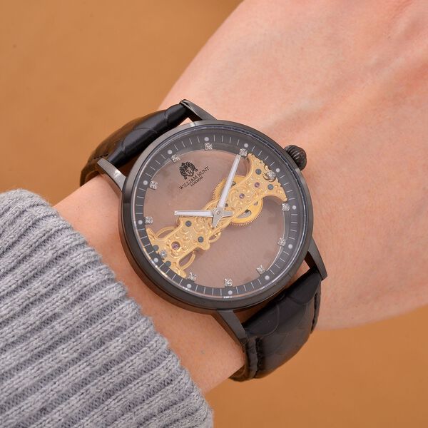 William Hunt Automatik-Uhr, Hohles Zifferblatt mit weißen Kristallen, Schwarz Lederarmband, 5ATM wasserdicht image number 2