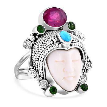 Sajen Silver- Ochse Knochen, afrikanischer Rubin, Sleeping Beauty T&uuml;rkis und Chromdiopsid-Ring- 3,82 ct.