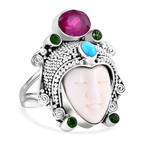 Sajen Silver- Ochse Knochen, afrikanischer Rubin, Sleeping Beauty T&uuml;rkis und Chromdiopsid-Ring- 3,82 ct.