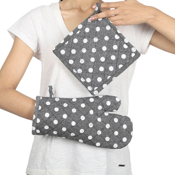 6er-Set, Topflappen (20x20cm) und Handschuhe (31x18cm), Tupfen Muster, Blau, Grau und Schwarz image number 1