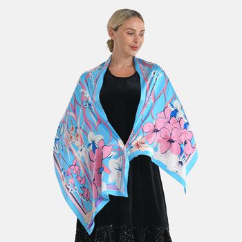 LA MAREY Signature Seidenschal aus 100% Maulbeerseide, 55 x 170 cm, Blau Floral