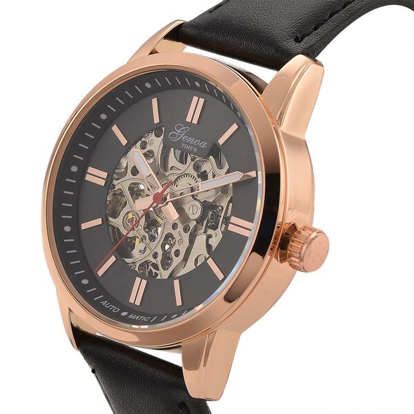 GENOA TIME V2 Automatikuhr mit mechanischem Automatikwerk, Zifferblatt Schwarz mit Sonnenschliff und offenem Design, Lederarmband Schwarz, 3 ATM wasserdicht image number 3