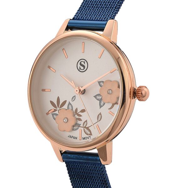 STRADA Uhr mit Japanischem PC21S Werk, Edelstahl-Mesharmband Blau, Gehäuse Roségoldfarben, florales Zifferblatt Weiß mit Weißem Kristall image number 3