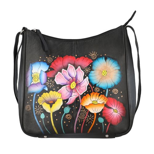 SUKRITI - 100% Echtes Leder Hobo Tasche, Blumenmuster, Größe: 28x9 x25cm, schwarz image number 0
