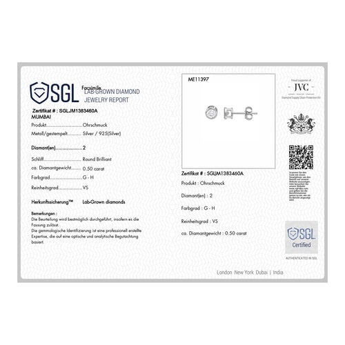 LUXURIANT DIAMOND- SGL zertifizierte VS-GH Labor Diamant Ohrringe in rhodiniertem 925 Silber - 0,50 ct. image number 5