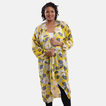 Langer, gemusterter Chiffon Cardigan, One Size, Blattmuster, Gelb