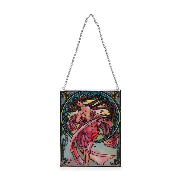 Handbemalter Glas Suncatcher mit Kette, silberfarbenem Rahmen, Alphonse Mucha Motiv Art-Deko, 12x15 cm image number 4