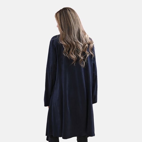 LA MAREY - Kunstwildleder Cardigan mit Wasserfallkragen, Größe L, Dunkelblau image number 1