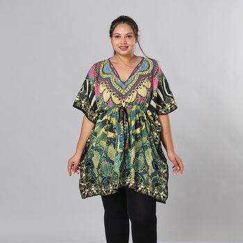 V-Ausschnitt bedruckter Kaftan, Einheitsgr&ouml;&szlig;e Gr&uuml;n