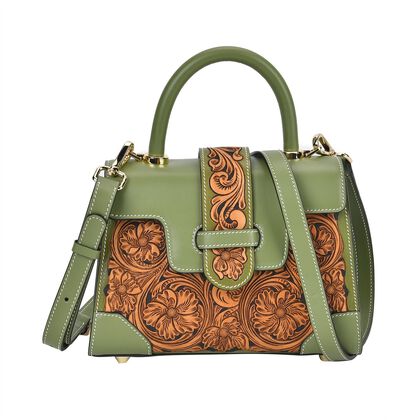 GRAND PELLE Elite Kollektion - Exklusive Handgravierte Leder-Satchelhandtasche mit Floralem Meisterwerk, Gr&ouml;&szlig;e 23 x 16,5 x 9,5 cm, Hellgr&uuml;n