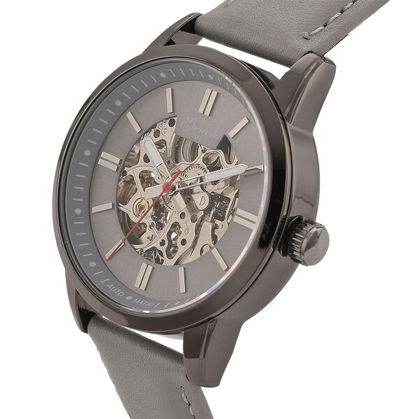 GENOA TIME V2 Automatikuhr mit mechanischem Automatikwerk, Zifferblatt Grau mit Sonnenschliff und offenem Design, Grau Lederarmband 3 ATM wasserdicht image number 3