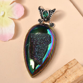 Sajen Silber - Fenster Drusy, Himmlischer Smaragd Quarz Dublett Anh&auml;nger 925 Silber rhodiniert ca. 60.75 ct