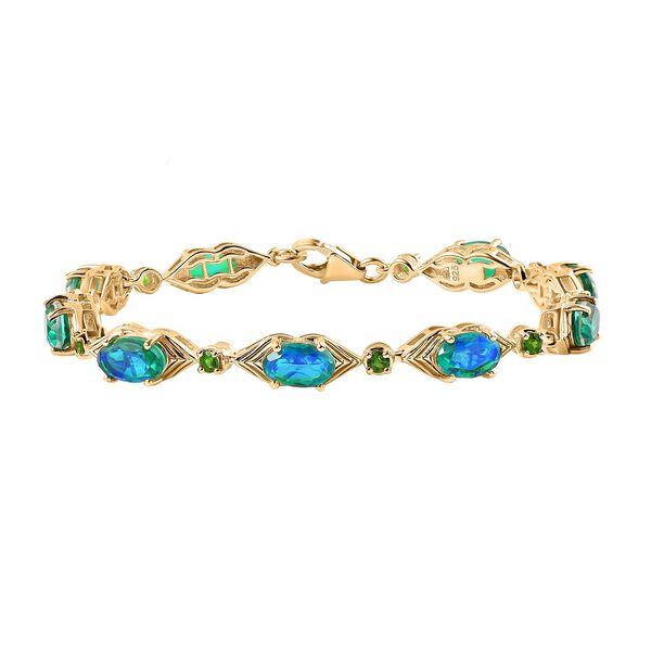 Pfau Quarz Triplette, Nat&uuml;rlicher Chromdiopsid Armband ca. 18 cm 925 Silber 750 Gelbgold Vermeil ca. 10,19 ct.