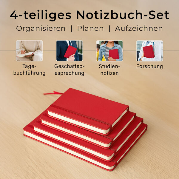 4-teiliges Notizbuch-Set mit Gummibandverschluss, Kunstleder und Papier, verschiedene Größen, Rot image number 2