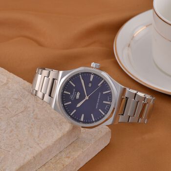 GENOA - Japanisches Uhrwerk, Blaues Sonnenschliff-Zifferblatt mit Balkenindexen, Reiner Edelstahl mit Faltschlie&szlig;e, Bicolor, 20 cm