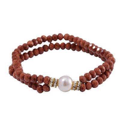 Muschelkernperle-Armband mit Goldsandstein und Wei&szlig;em Kristall, flexibel, vergoldet