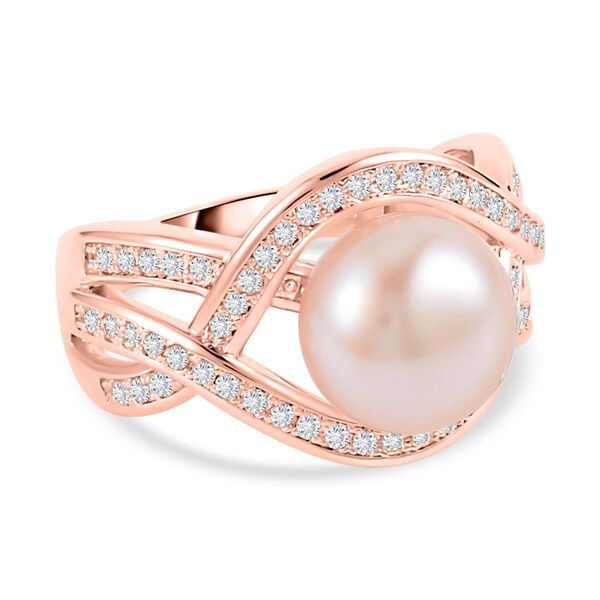 Pfirsich-S&uuml;&szlig;wasser Perle, Wei&szlig;er Zirkonia Ring, Messing (Gr&ouml;&szlig;e 16.00) ca. 0.80 ct