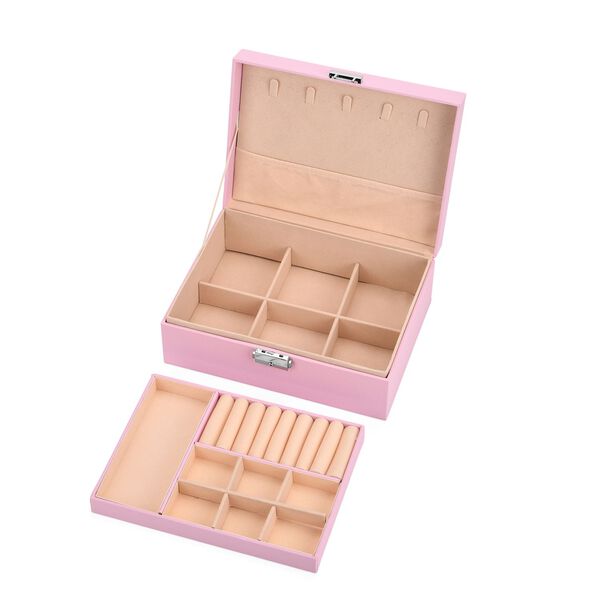 2-lagige PU Schmuckbox, 22,8x17x8,5cm, Rosa image number 6