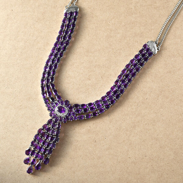 EXKLUSIVES ANGEBOT - afrikanische Amethyst Halskette, ca. 45 cm, 925 Silber platiniert, ca. 58,04 ct image number 3
