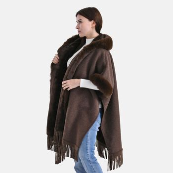 LA MAREY Poncho aus Webpelz mit Fransen und Fleecefutter, Einheitsgr&ouml;&szlig;e, Braun