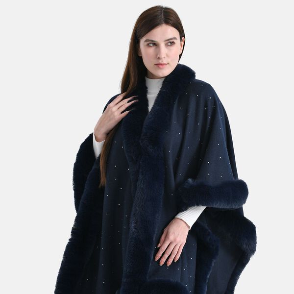 LA MAREY - Poncho mit Kunstfellbesatz und Kristall-Detail, Blau, Einheitsgr&ouml;&szlig;e image number 6