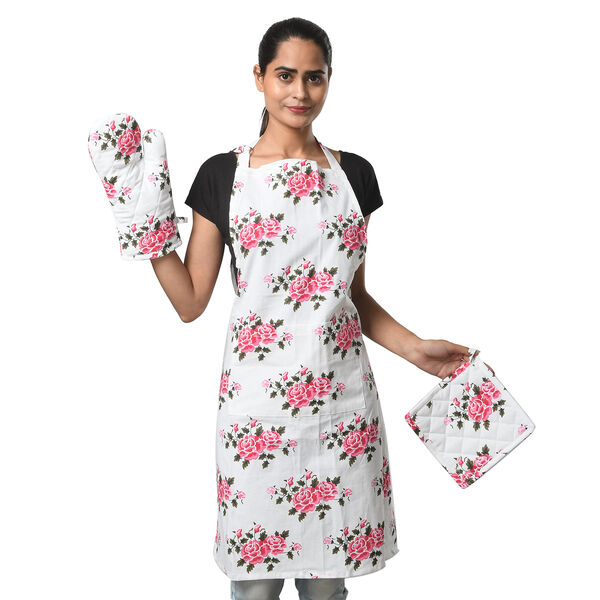 100% Baumwolle K&uuml;chen-Set, Sch&uuml;rze, Handschuh und Topflappen, Blumen, Rote Rosen, 3 teilig image number 2