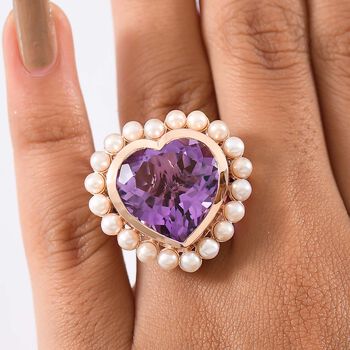 D'Joy AA Rosa Amethyst, S&uuml;&szlig;wasser Perle (3.5mm) Ring 925 Silber 750 Ros&eacute;gold Vermeil (Gr&ouml;&szlig;e 19.00) 22.90 ct
