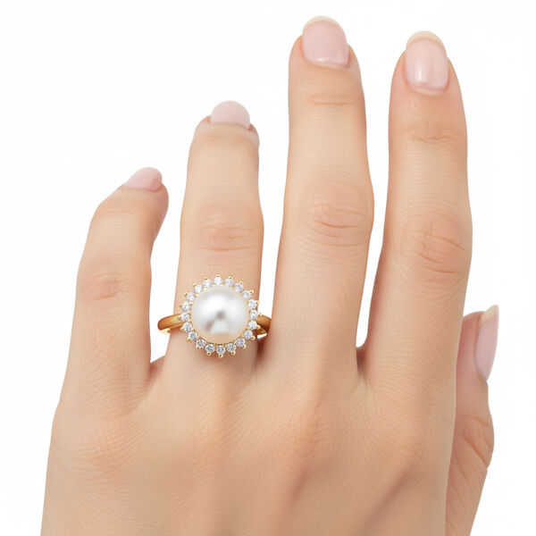 Weiße Süßwasser Perle, Weißer Zirkonia Ring Nickelfreies Messing, Goldfarben, Flexibles (Größe 17.00-19.00) image number 2