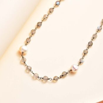 Labradorit, S&uuml;&szlig;wasser Perle Halskette ca. 50 cm 925 Silber