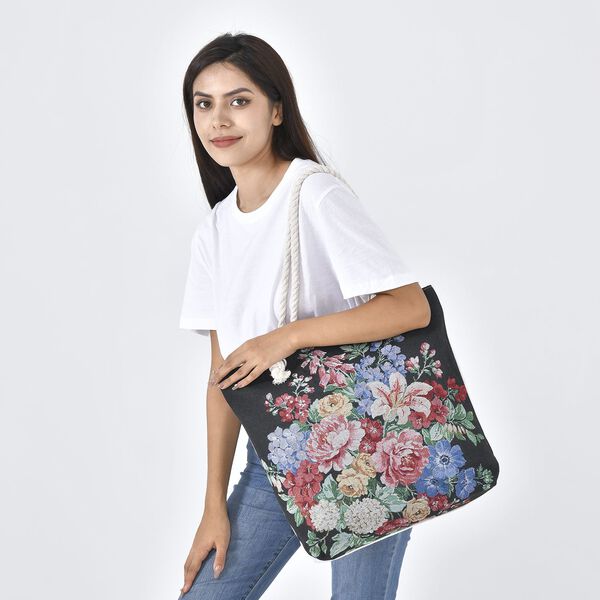 Jacquard gewebter Jute-Tasche mit Blumenstrauss Design, 42x34 cm, Blumenstrauß image number 2