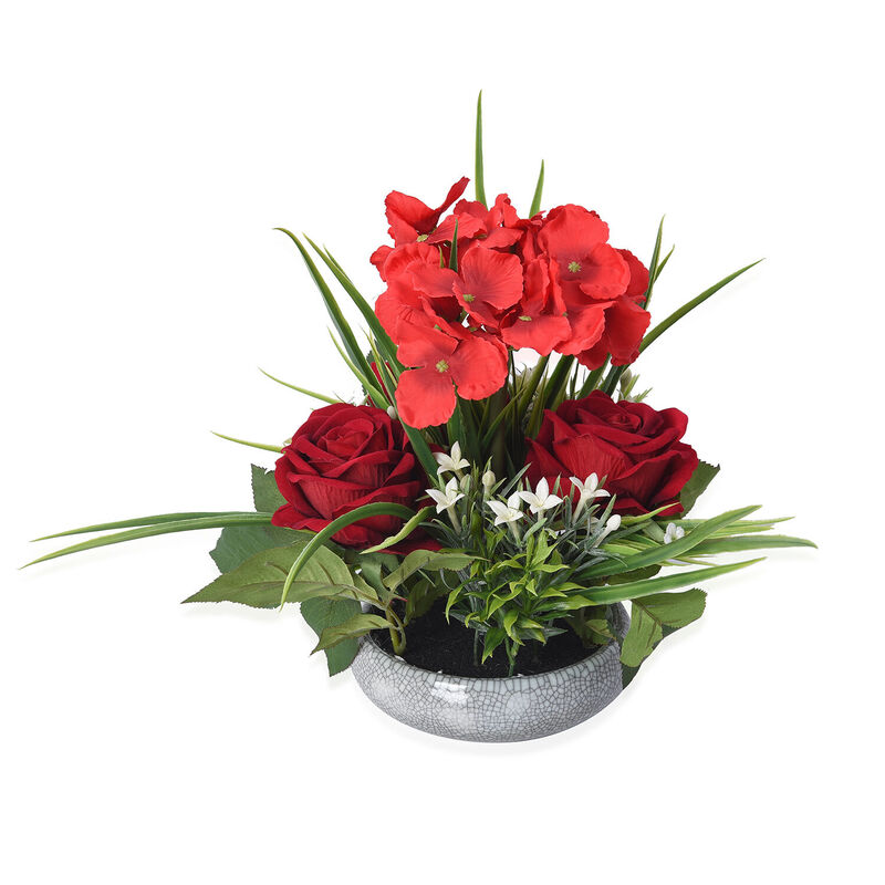 Rote Rosen und Hortensien Blumentrauß im Keramiktopf image number 0