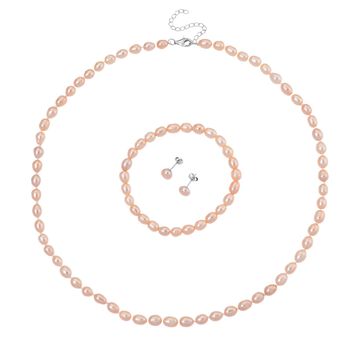 D'Joy AA Pfirsich-S&uuml;&szlig;wasser Perle (6-7 mm) Schmuckset 925 Silber rhodiniert