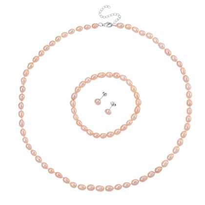 D'Joy AA Pfirsich-S&uuml;&szlig;wasser Perle (6-7 mm) Schmuckset 925 Silber rhodiniert