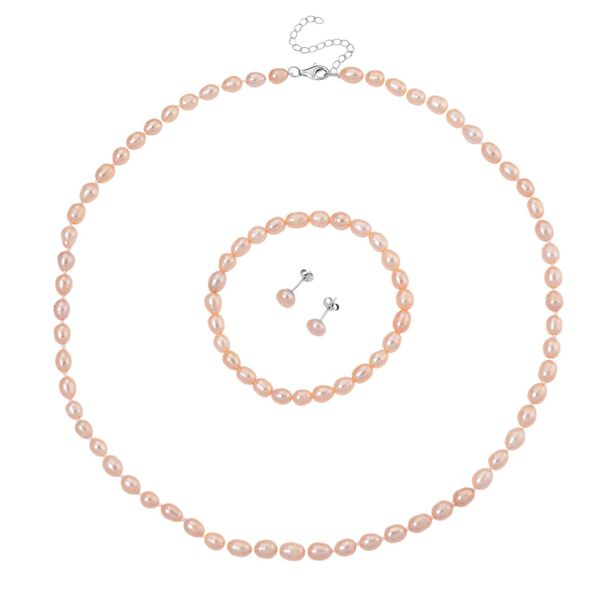 D'Joy AA Pfirsich-S&uuml;&szlig;wasser Perle (6-7 mm) Schmuckset 925 Silber rhodiniert