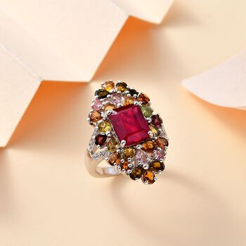 Afrikanischer Rubin (Fissure gef&uuml;llt), Mehrfarbig-Turmalin Ring 925 Silber rhodiniert (Gr&ouml;&szlig;e 19.00) ca. 9.10 ct