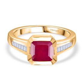 D'Joy Afrikanischer Rubin (Fissure gefüllt), Weißer Diamant Ring 925 Silber 750 Gelbgold Vermeil (Größe 17.00) ca. 2,74 ct
