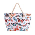 lifestyle-Color:white with butterfly print ; Size/Profile:tote bag; Wall (exterior):Polyester,Lining (Interior):polyester Pockets (exterior):Zipped-1;Pockets (interior):slip-1;Measurement (inches):15.95*7.08*14.96inch; Closure Type: zipped; Hardware T