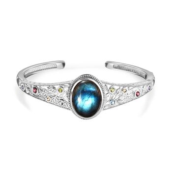 Labradorit, Roter Granat Armreif ca. 19 cm Reines Messing platiniert ca. 18,84 ct.