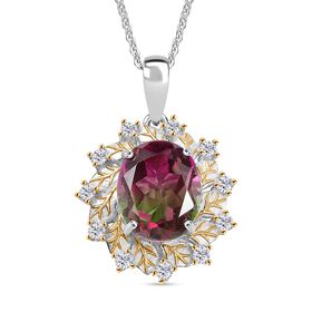 Lotus Trilogy - D joy Wassermelonen Quarz Triplette, Weißer Zirkon Anhänger mit Kette, 925 Silber platiniert, 925 Silber platiniert und vergoldet ca. 4,40 ct.