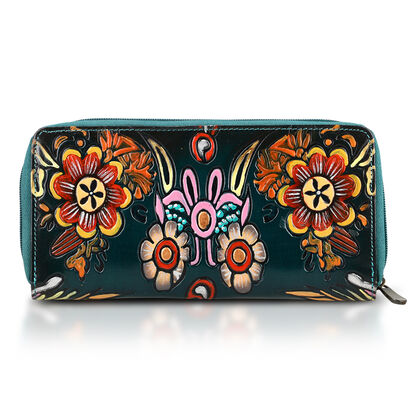 Handbemalte Leder Geldb&ouml;rse RFID, Gr&uuml;n, 22.8 x 2.5 x 12.7 cm
